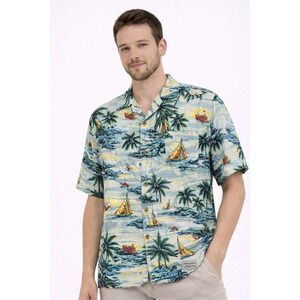 Pineapple Connection Button Up Shirt Mens XL Blue Tropical Sailboat Aloha Shirt